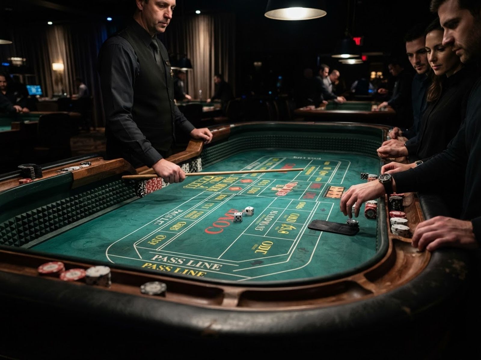 Live craps table with dice on felt surface